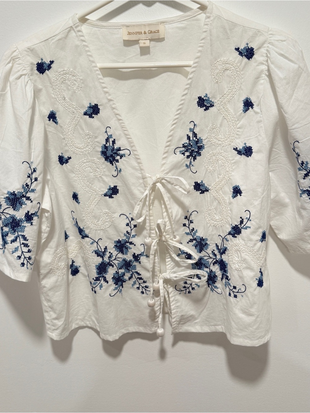 Jennifer & Grace White V-Neck Embroidered Peasant Blouse with Blue Floral Detail